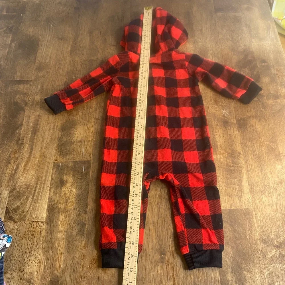 Carter's Fleece Hooded Jumpsuit Baby Red Black Buffalo Plaid Excellent‎ SIZE 9M